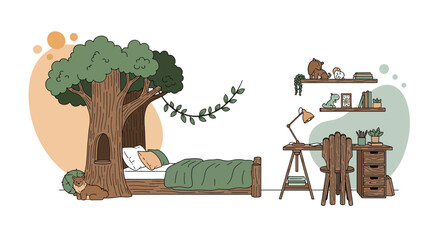 woodland themed indoor bedroom with tree and study area