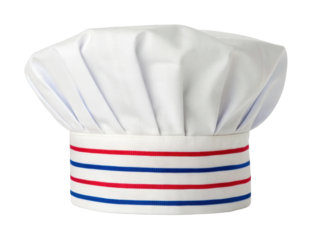 White chef hat with red and blue stripes