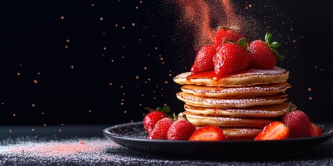 Appetizing stack of pancakes with fresh strawberries for breakfa