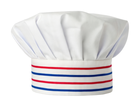 White chef hat with red and blue stripes