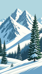 Fototapeta premium Snow Covered Mountain Landscape with Pine Trees View