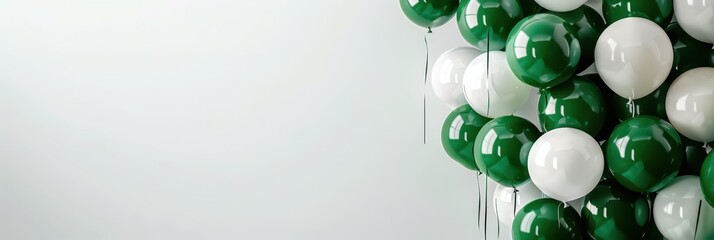 Celebration of Pakistan independence day with green and white balloons. Horizontal banner. Copy space. Balloons in colors of flag of Pakistan on a white background