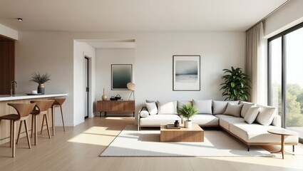 Modern Living Room Interior with White Sofa Wooden Furniture and Natural Light