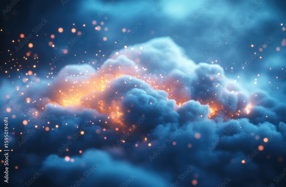 Poster mystical clouds with glowing sparks and ethereal light in a dreamlike atmosphere for abstract art an