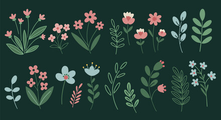 Floral Collection HandDrawn Flowers and Leaves on Dark Green