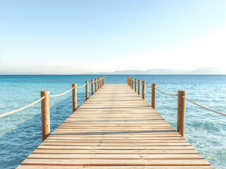 Fototapeta premium Bright sunny wooden pier over turquoise sea, perfect for summer holiday, relaxation, and travel visuals. Generative AI