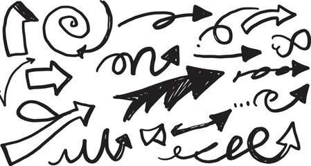 Collection of hand-drawn arrows in various directions and styles, perfect for emphasis