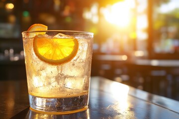 Refreshing orange cocktail with ice on bar, a summer drink image