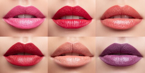 Obraz premium Set of beautiful women's lips with different lipsticks, lipstick color swatches on the face, in pink, red, purple, and beige. Beauty set collection, cosmetic and makeup concept, isolated background, 