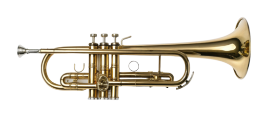 Shiny brass trumpet with silver mouthpiece on display