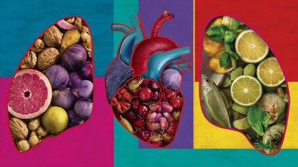 Heart and lung shapes filled with healthy foods on colorful background