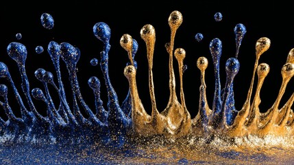 Dynamic metallic liquid splashes on black background