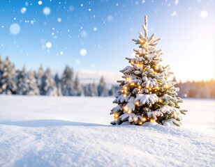 Winter wonderland snow-covered christmas tree in a serene landscape outdoor scene daylight holiday spirit
