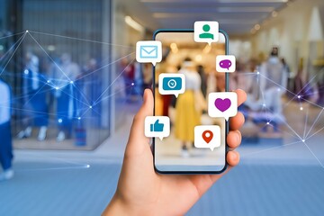 Hand holding a smartphone displaying social media icons and a blurred background of people shopping in a store