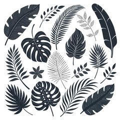 Black tropical leaf silhouettes vector collection for botanical design, summer branding, and modern nature illustrations