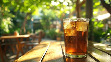Iced tea in glass on wooden table in beautiful relaxing outdoor
