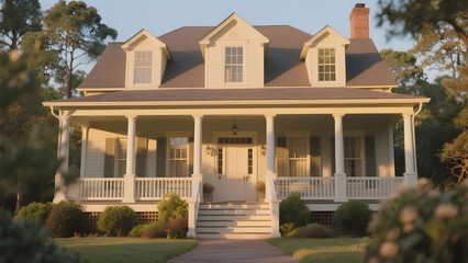 Two-Story House with Wraparound Porch and Lush Garden