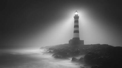 A black and white image of a lighthouse shining light over rocky shores amid fog and mist.