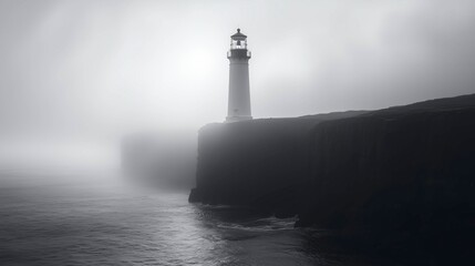 A solitary lighthouse stands on a foggy cliff overlooking a calm sea, enveloped in mist and a serene, monochromatic atmosphere.