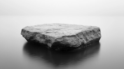 A single, flat rock rests in calm, still water, creating a peaceful and minimalist natural scene...