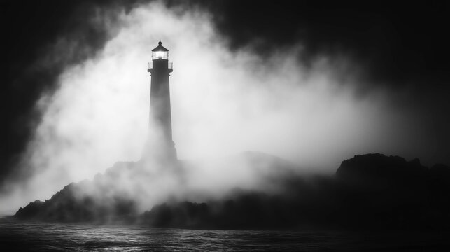 A lone lighthouse stands tall on rocky terrain, shrouded in thick mist and waves under a dramatic, moody sky.