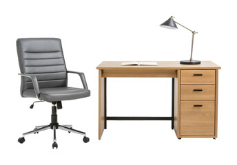 Fototapeta premium Modern office setup with wooden desk and ergonomic chair