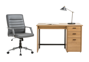 Modern office setup with wooden desk and ergonomic chair