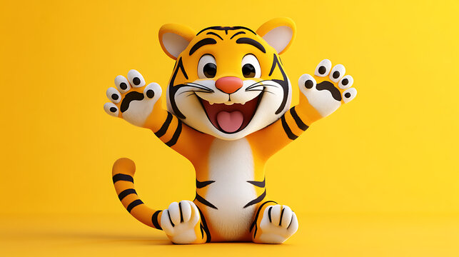 Playful tiger character with bold stripes, raised tail and comical expression wearing cartoon gloves and shoes 