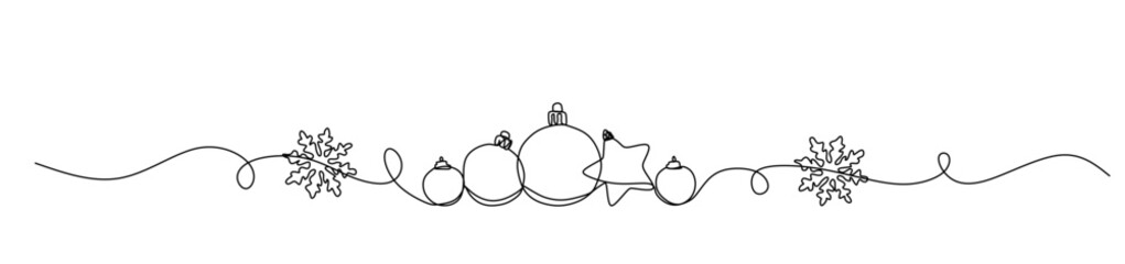 Christmas tree ornaments  snowflakes of one continuous line. New Year%27s decoration. Festive xmas card. Vector editable illustration