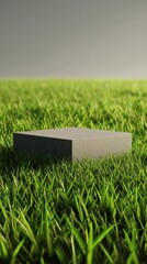 Clean white and wooden product display platforms on vibrant green grass in natural sunlight.