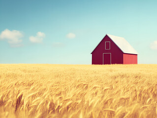 A red barn stands prominently in a golden wheat field under a clear blue sky with scattered clouds, evoking a sense of rural tranquility.