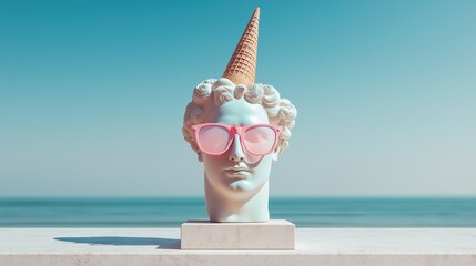 Melting Ice Cream on Classical Greek Bust Wearing Sunglasses – Humorous Minimalist Summer Art on Beach with Sky and Sea in Pastel Tones, Surrealist Pop Culture Concept