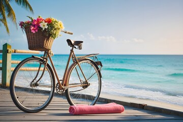 Fototapeta premium Retro bike with basket of flowers on a summer beach, a perfect vintage travel sport