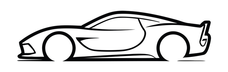 Sports car silhouette icon in black line art style with rear spoiler and aerodynamic design for automotive, racing, or transport branding themes
