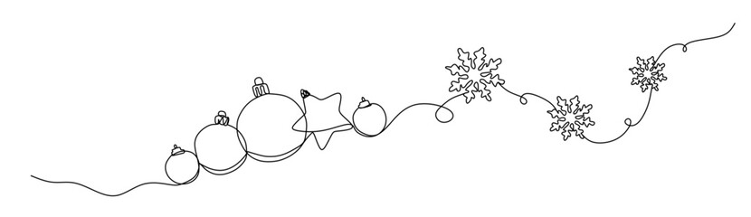 Christmas tree ornaments  snowflakes of one continuous line. New Year%27s decoration. Festive xmas card. Vector editable illustration