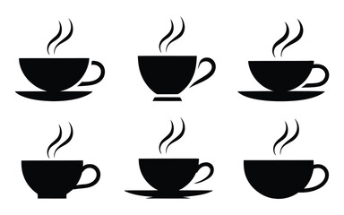 Coffee cup silhouette icon set in black featuring six unique shapes with rising steam and saucers, ideal for café, lifestyle, and beverage themes