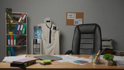 Halloween businessman ghost in white sheet standing in office drinking water, taking break during...