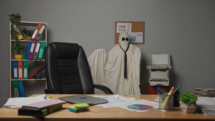 Halloween businessman ghost in white sheet working at office, standing and dancing in the room, having party fun alone. Happy halloween business concept.