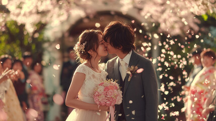 男性がドレス姿で桜の下で愛を誓う