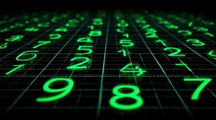 Green glowing numbers on a grid background.