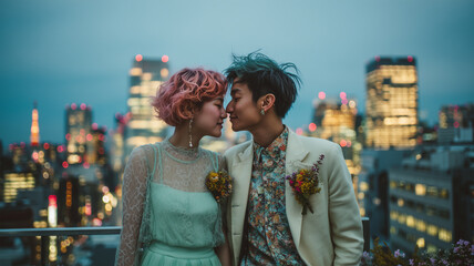 女性がカジュアルな衣装で都市の屋上で戯れる二人
