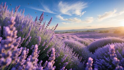 Obraz premium Lavender Field in Bloom at Sunset with a Beautiful Blue Sky