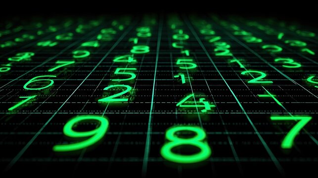 Green glowing numbers on a grid background.