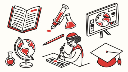 Stock vector illustration of education and learning tools for school college and university study day 100 char