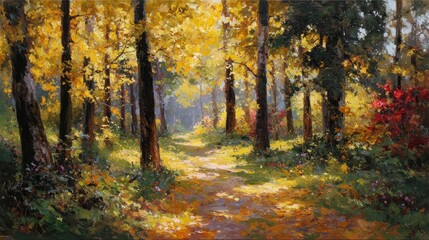 Obraz premium Sunlit autumn forest path