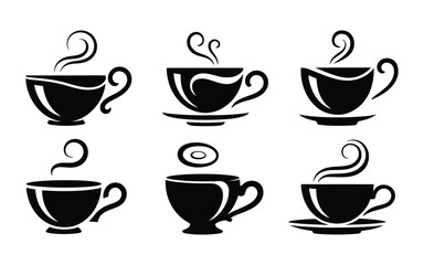 Coffee cup silhouette icon set in black featuring six steaming designs with saucers and donut pairing for café, beverage, and hospitality themes