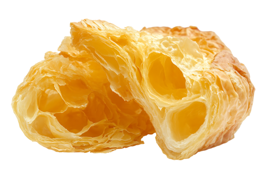 Buttery golden croissant with flaky layers, isolated on pure white background 