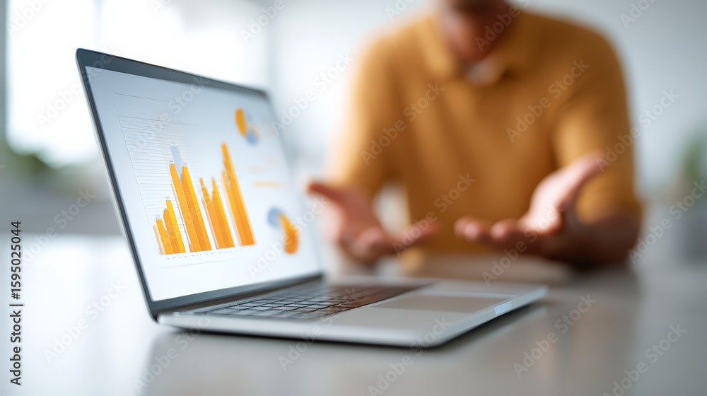 Poster businessman gesturing with hands while explaining growth chart displayed on laptop screen during an 