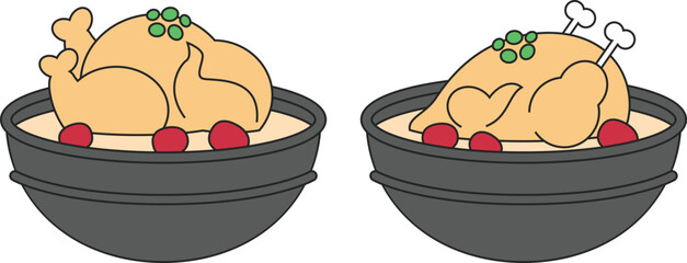 Flat Design Korean Samgyetang Ginseng Chicken Soup Vector with Dual Angle View for Food Icons and Culinary Projects