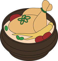 Traditional Korean Samgyetang Chicken Soup Vector Illustration in Stone Pot with Ginseng and Jujube – Flat Style for Food Design and Cultural Content